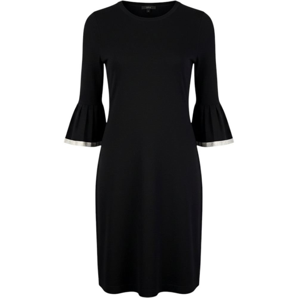 COS Knit Pleated Bell Sleeve Shift Dress Black White Trim Midi Evening Womens S